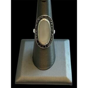 Sterling Silver MOP Marcasite Statement Ring Sz 7.25 925